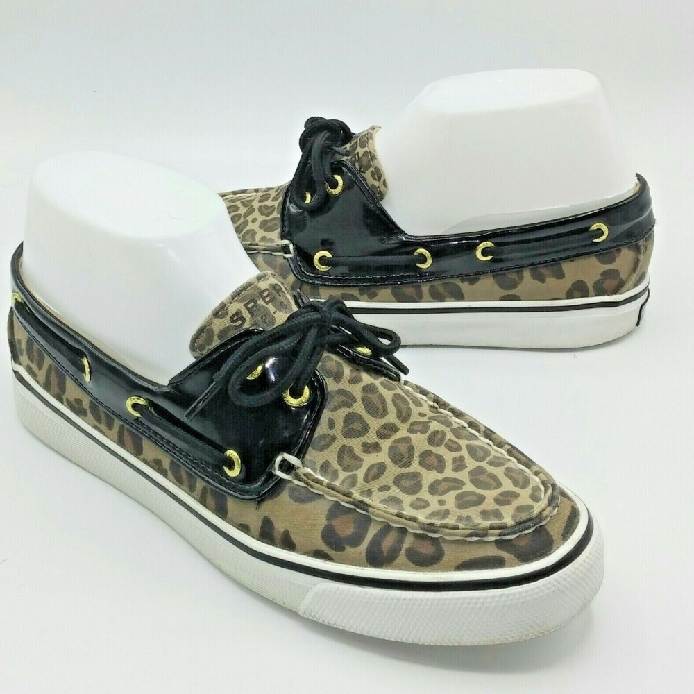 Sperry 7.5  Leopard Black Canvas Boat Shoes Flats
